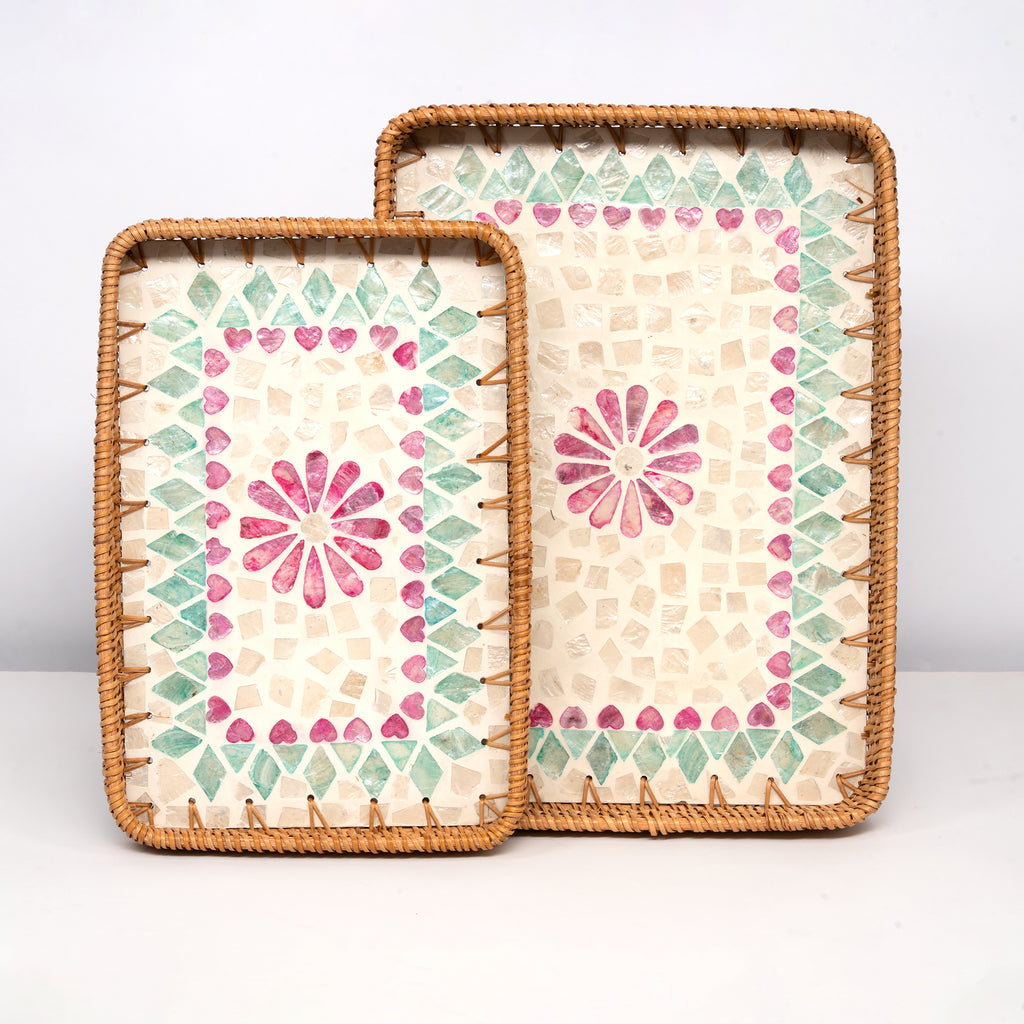 2 Piece Set of Rectangular Rattan Tray - Design C