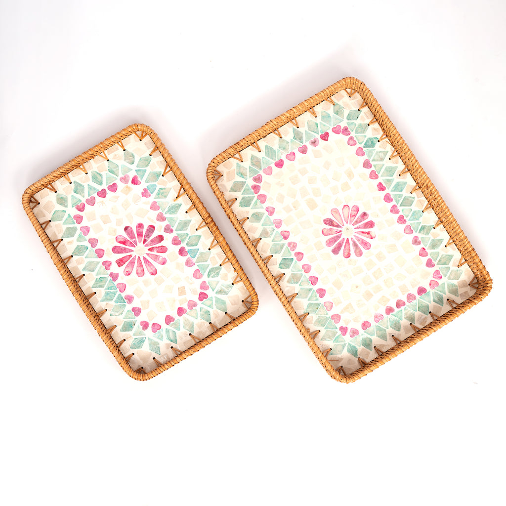 2 Piece Set of Rectangular Rattan Tray - Design C