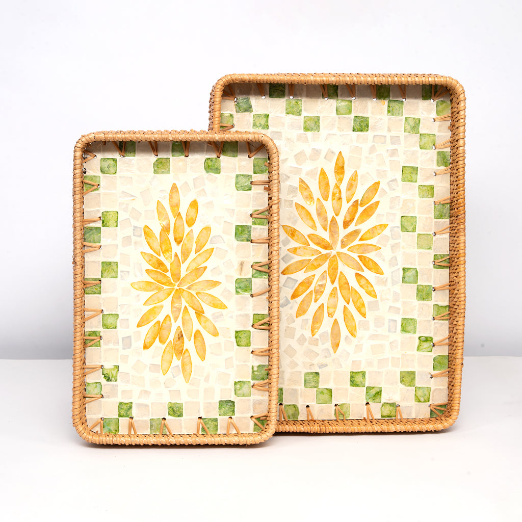2 Piece Set of Rectangular Rattan Tray - Design B