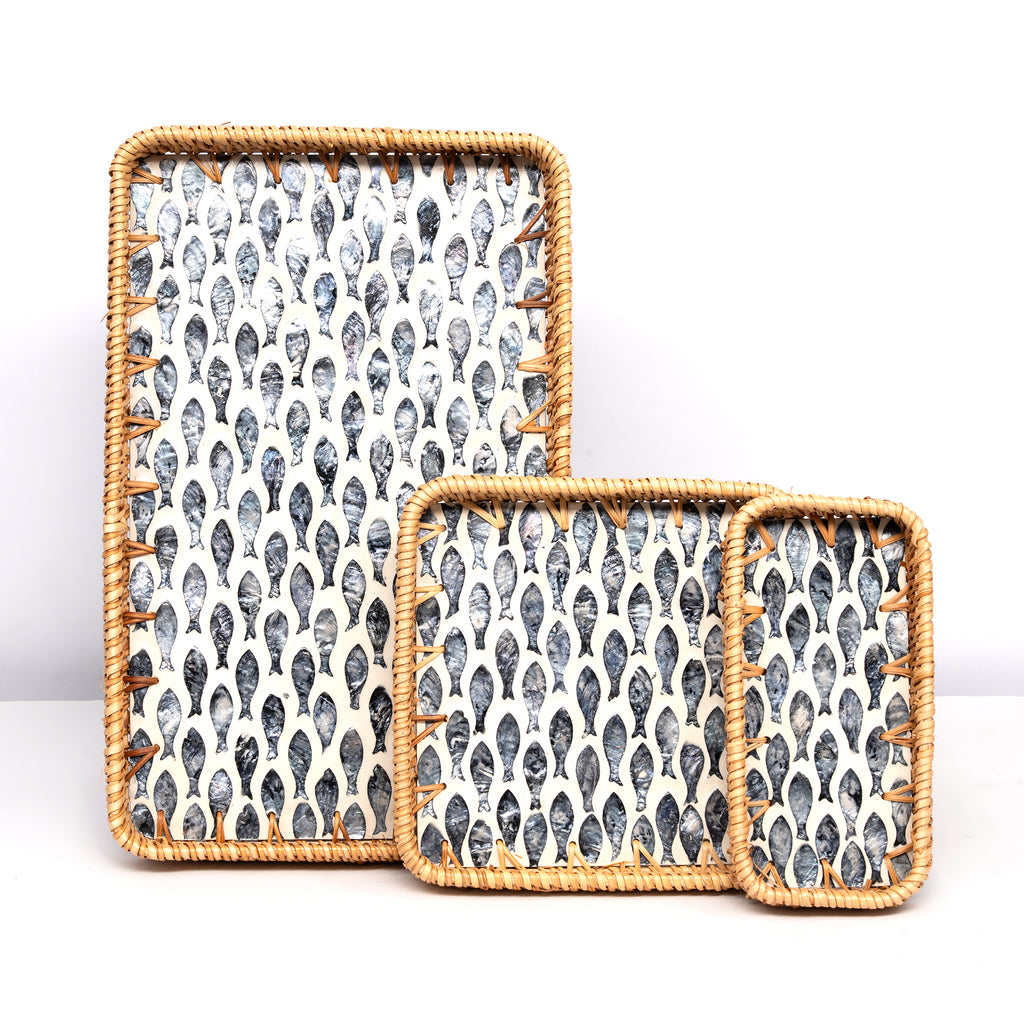 3 Piece Set of Ractangular Rattan Tray - Design C