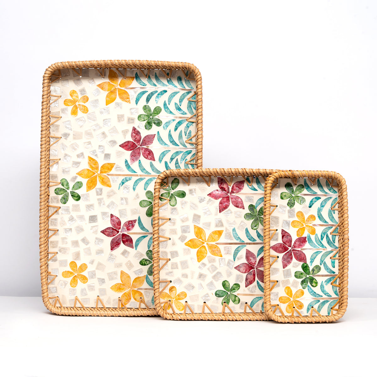 3 Piece Set of Ractangular Rattan Tray - Design D