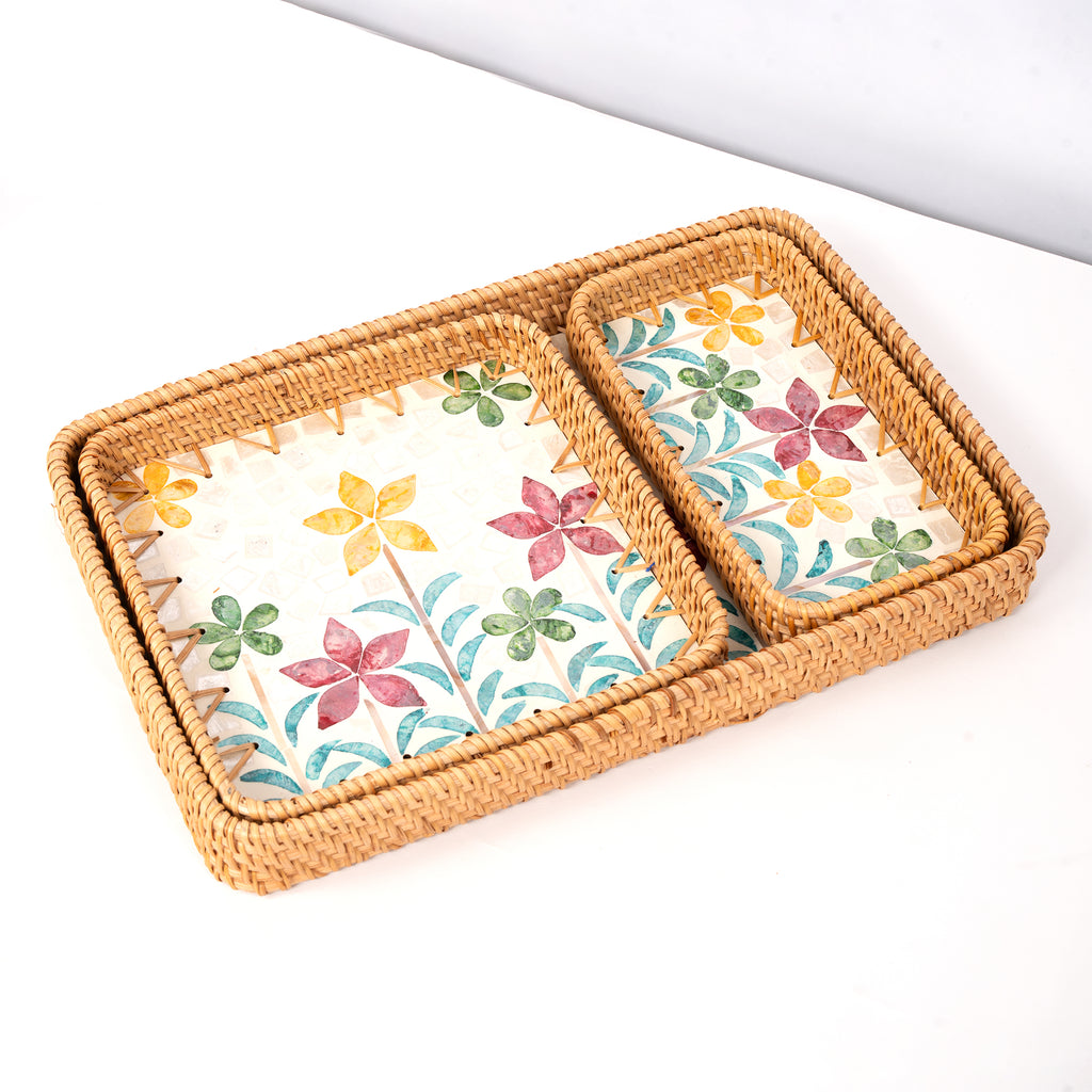 3 Piece Set of Ractangular Rattan Tray - Design D