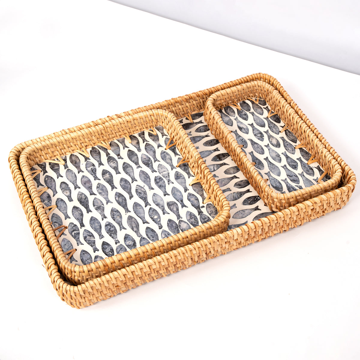 3 Piece Set of Ractangular Rattan Tray - Design C