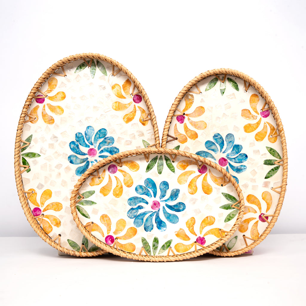 3 Piece Set of Oval Rattan Tray - Design B