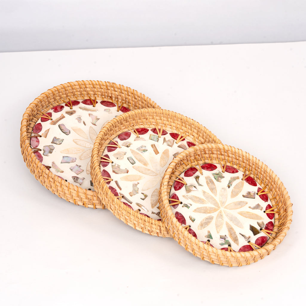 3 Piece Set of Round Rattan Tray - Design C