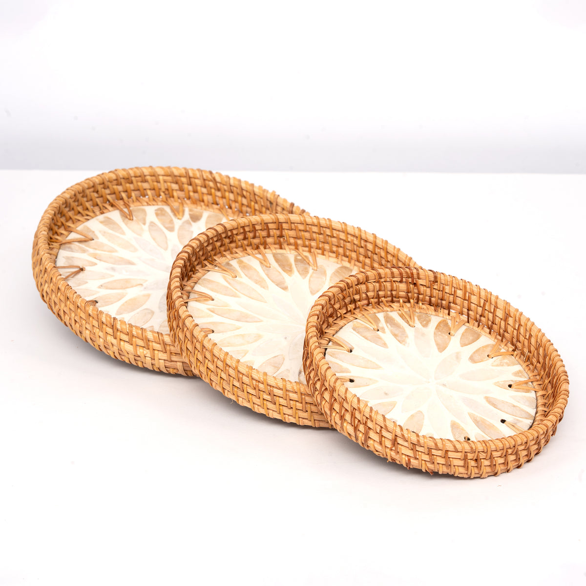 3 Piece Set of Round Rattan Tray - Design B