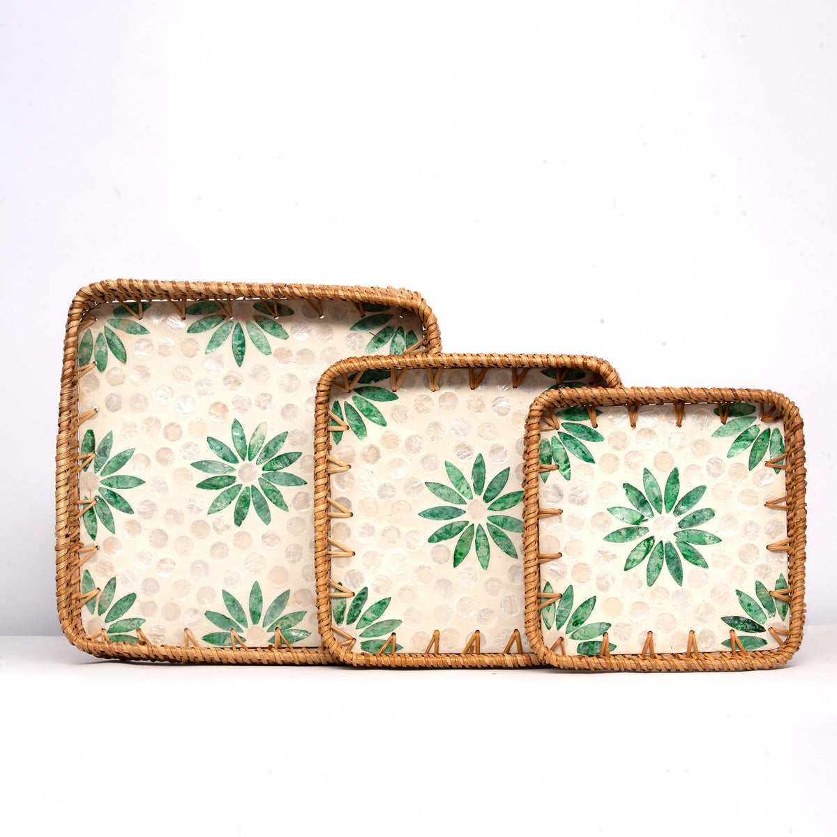 3 Piece Set of Square Rattan Tray - Design E