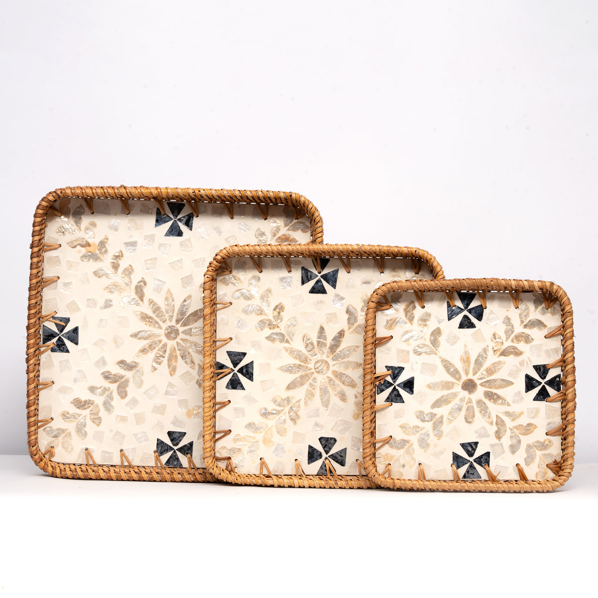 3 Piece Set of Square Rattan Tray - Design B