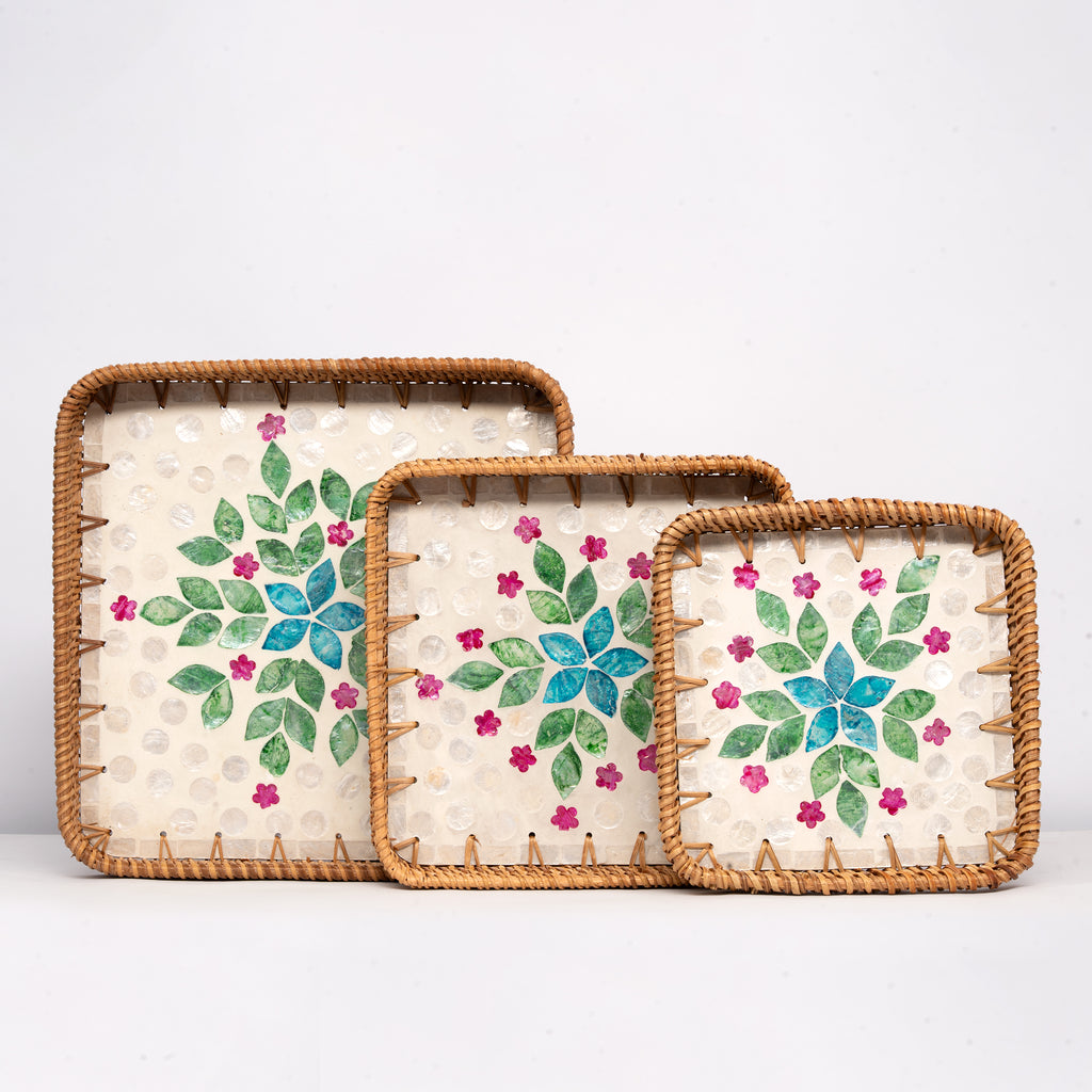 3 Piece Set of Square Rattan Tray - Design D