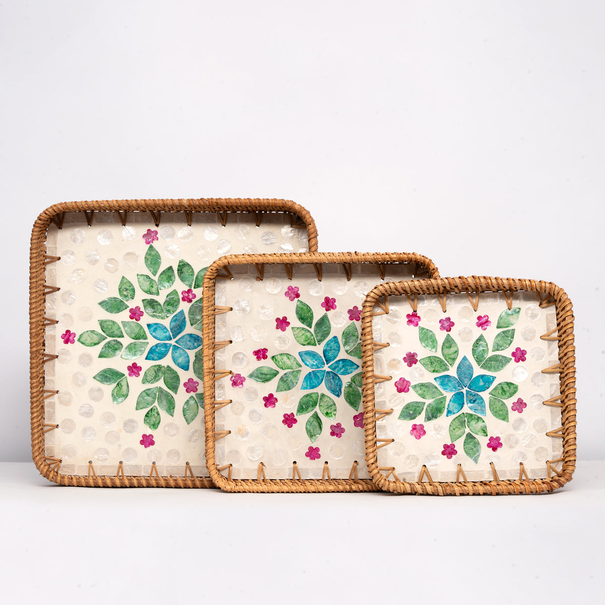 3 Piece Set of Square Rattan Tray - Design D